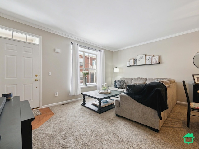 carpeted living room with crown molding