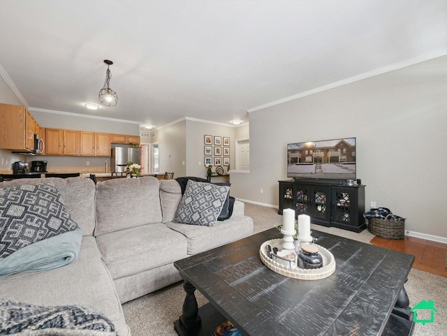 living room with crown molding