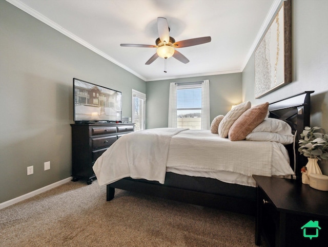 bedroom featuring ceiling fan, carpet floors, and crown molding