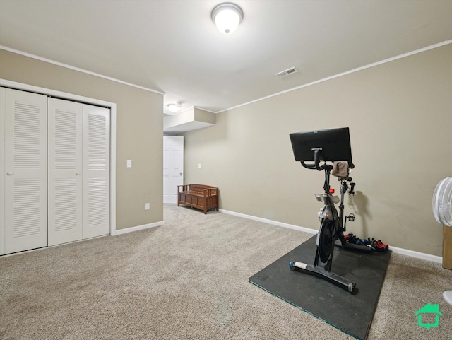 workout room with carpet and crown molding