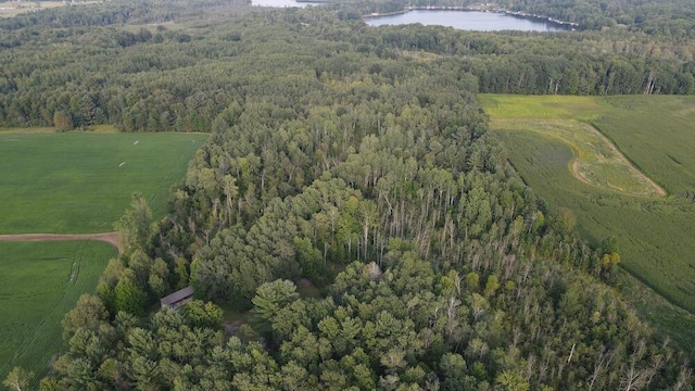 birds eye view of property featuring a water view and a rural view