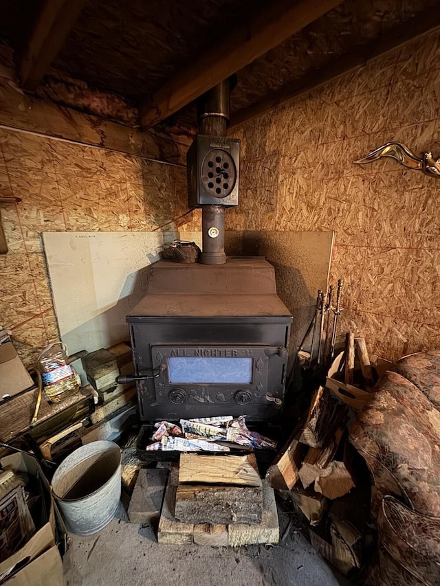 interior details with a wood stove