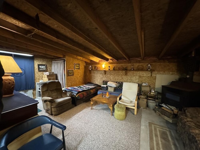 home theater room with a wood stove