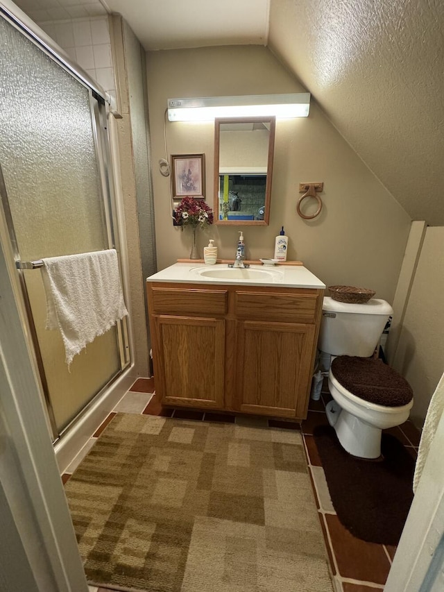 bathroom featuring a shower with door, vanity, a textured ceiling, vaulted ceiling, and toilet