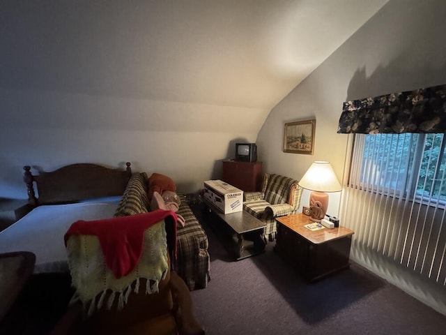 interior space with vaulted ceiling and carpet floors