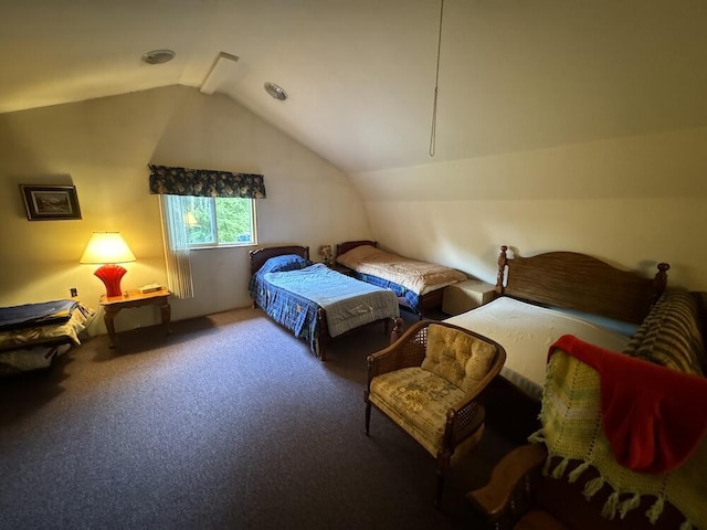 bedroom featuring carpet flooring and vaulted ceiling