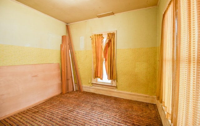 empty room with crown molding and carpet flooring