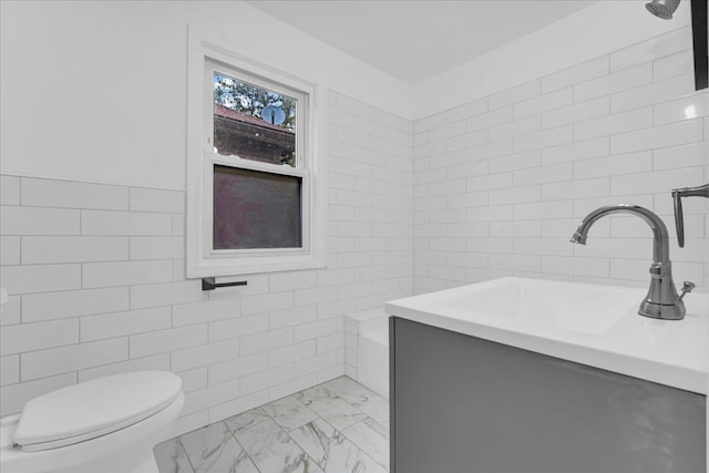 bathroom featuring vanity, toilet, and tile walls