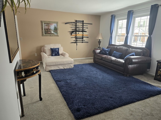 living area with carpet flooring and baseboards