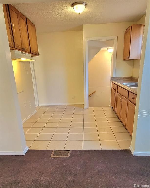 kitchen featuring light carpet and a textured ceiling