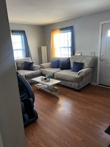 living room with plenty of natural light and wood finished floors