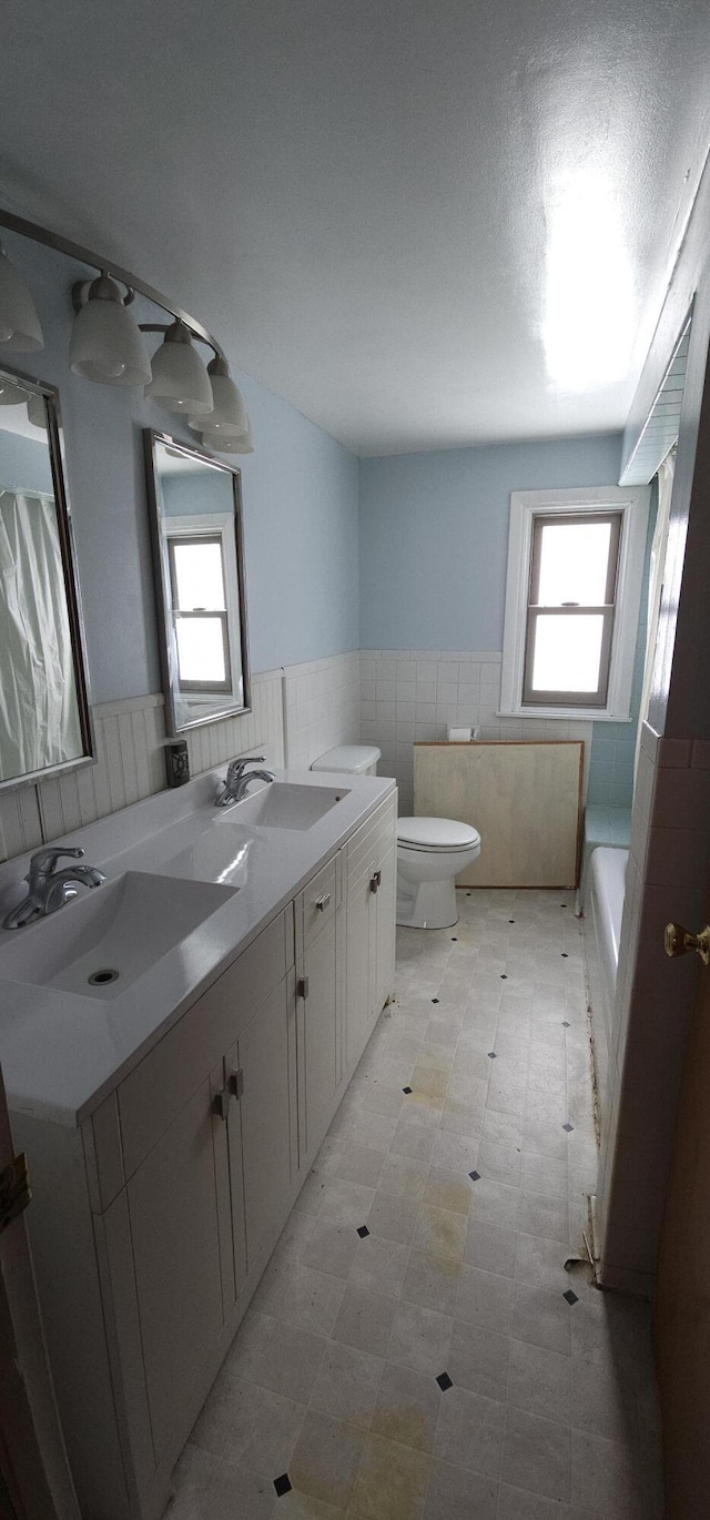 bathroom featuring vanity, toilet, a bathing tub, and a wealth of natural light