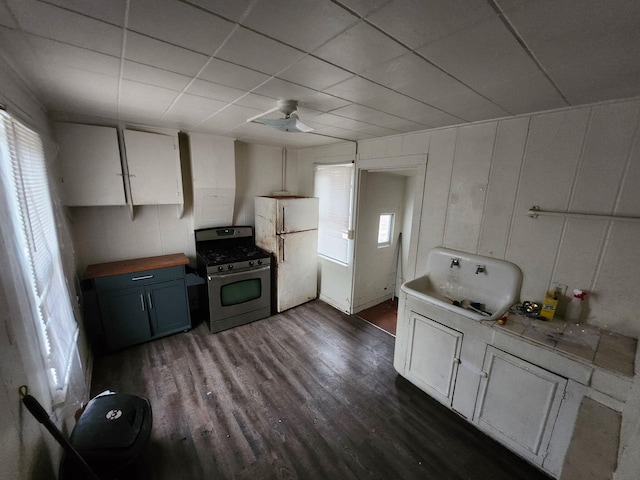 249 Washington Ave, Muskegon, MI 49441 - kitchen with dark wood-type flooring, a ceiling fan, stainless steel gas range oven, freestanding refrigerator, and butcher block counters