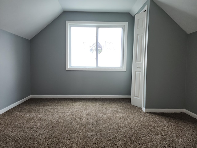 additional living space with vaulted ceiling and carpet floors