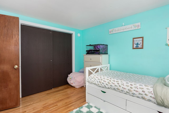 bedroom with light hardwood / wood-style floors and a closet