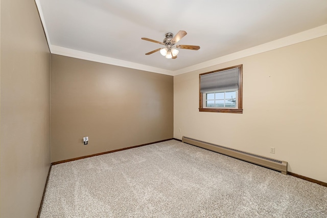 empty room with light carpet, ornamental molding, a ceiling fan, baseboards, and baseboard heating