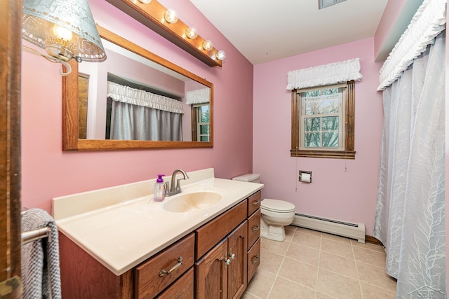 bathroom featuring vanity, visible vents, a baseboard radiator, tile patterned flooring, and toilet