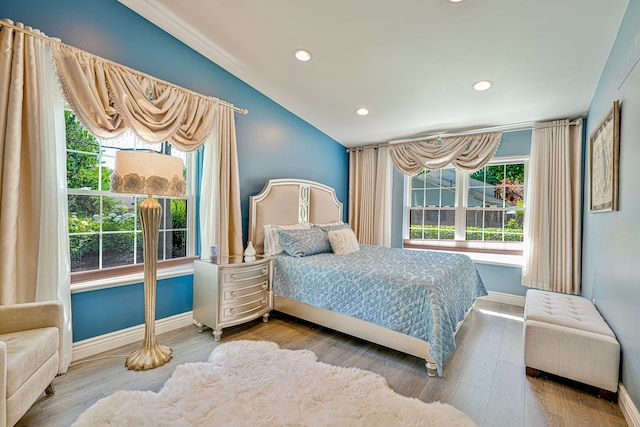 bedroom featuring vaulted ceiling and hardwood / wood-style floors