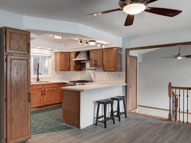 kitchen featuring decorative backsplash, wall chimney exhaust hood, wood-type flooring, and kitchen peninsula