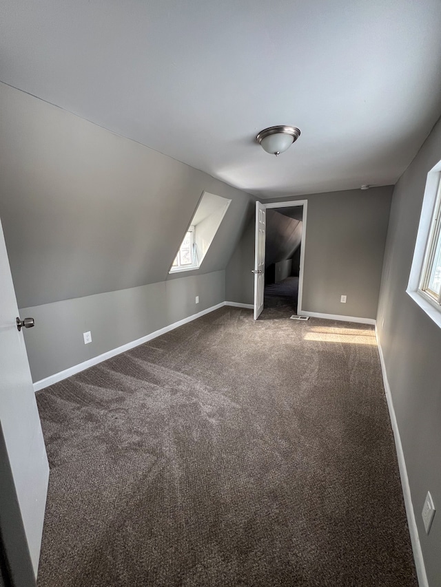 additional living space with carpet, baseboards, and vaulted ceiling