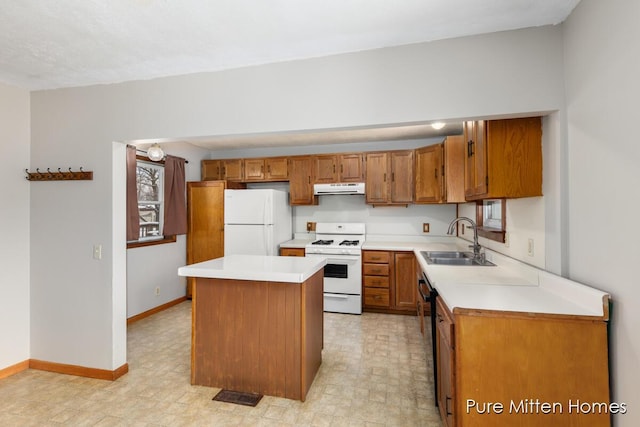 kitchen with a center island, sink, and white appliances