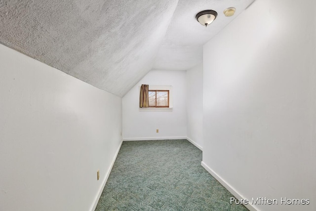 additional living space featuring lofted ceiling, carpet floors, and a textured ceiling