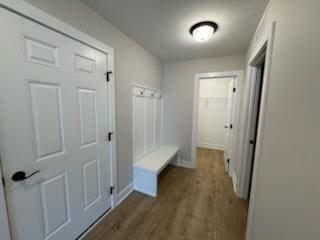 mudroom with dark wood-style floors and baseboards