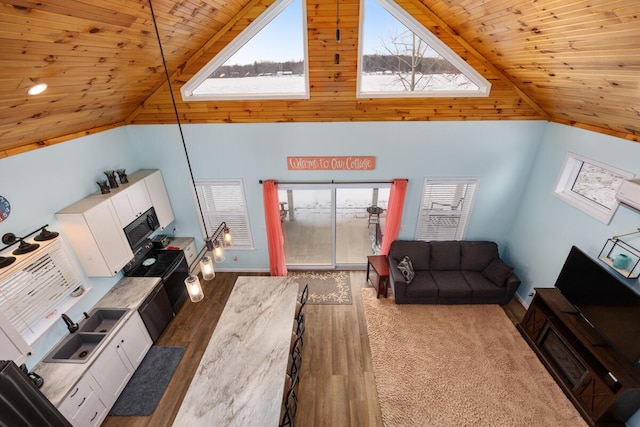 living room featuring plenty of natural light, sink, wood ceiling, and high vaulted ceiling