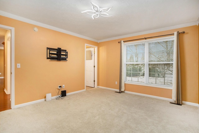 unfurnished room with crown molding and light colored carpet