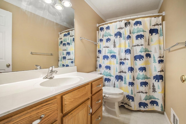 bathroom featuring toilet, vanity, crown molding, and a shower with curtain