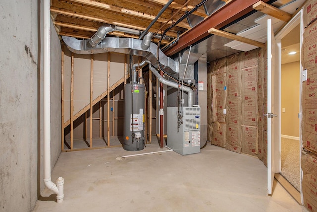 basement featuring heating unit and gas water heater