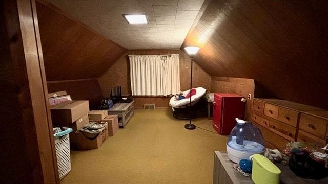 additional living space with lofted ceiling and light colored carpet