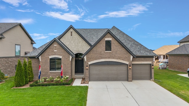 french country style house featuring a front lawn and a garage