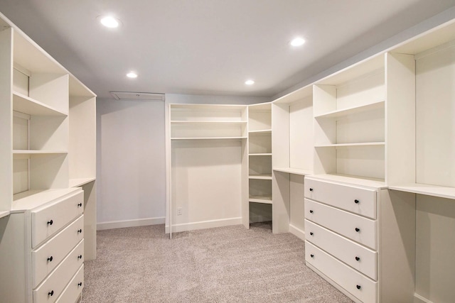 walk in closet with light colored carpet