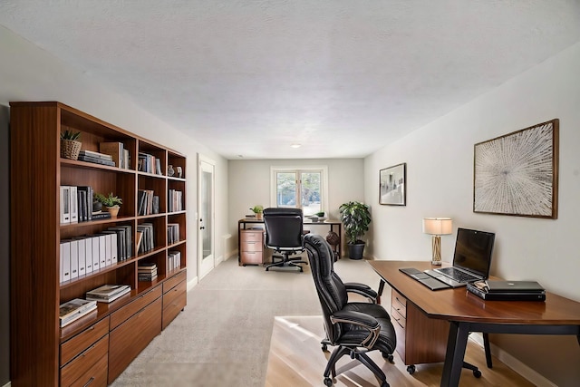 office featuring a textured ceiling and light colored carpet