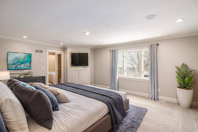 bedroom featuring light colored carpet and ornamental molding