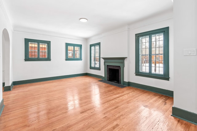 unfurnished living room featuring light hardwood / wood-style flooring, ornamental molding, and a fireplace