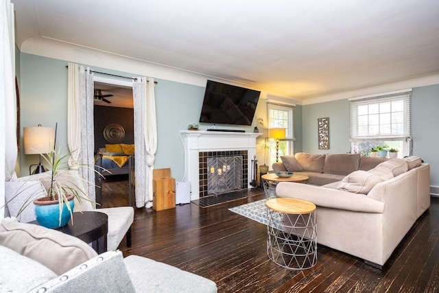 living room featuring dark wood-type flooring and a tile fireplace