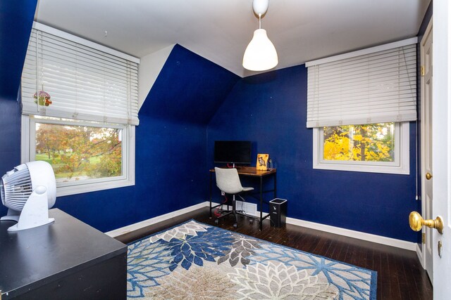 office featuring lofted ceiling and dark hardwood / wood-style flooring