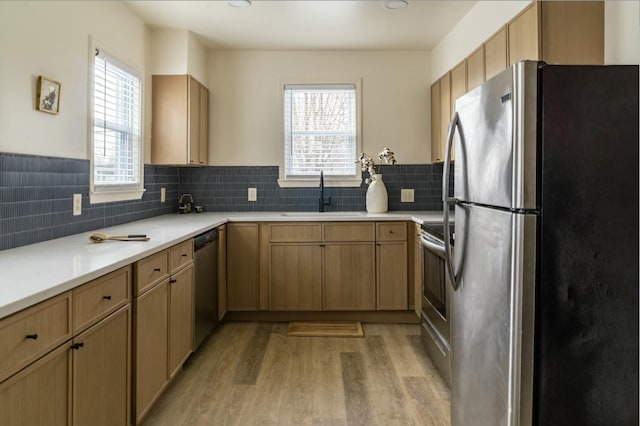 kitchen with sink, appliances with stainless steel finishes, light wood-type flooring, and a healthy amount of sunlight