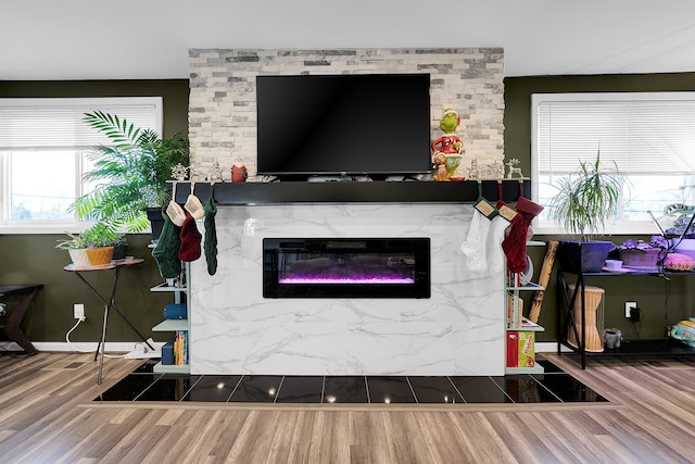 living room featuring hardwood / wood-style flooring and a fireplace