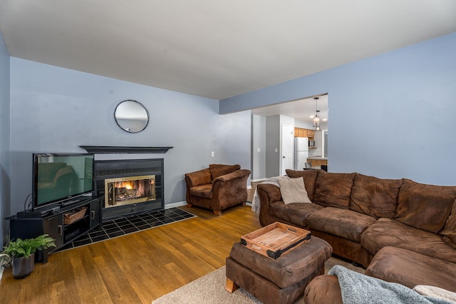 living room featuring a fireplace and wood finished floors