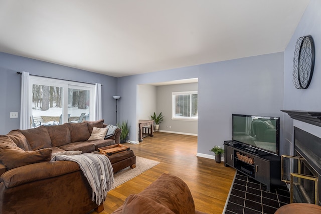 living area featuring baseboards, wood finished floors, and a glass covered fireplace