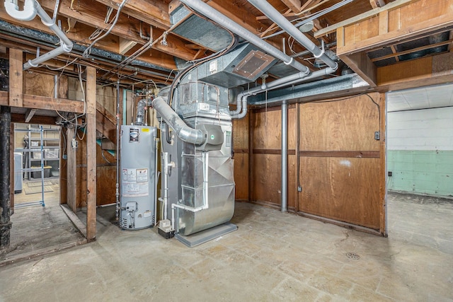 basement with gas water heater and heating unit