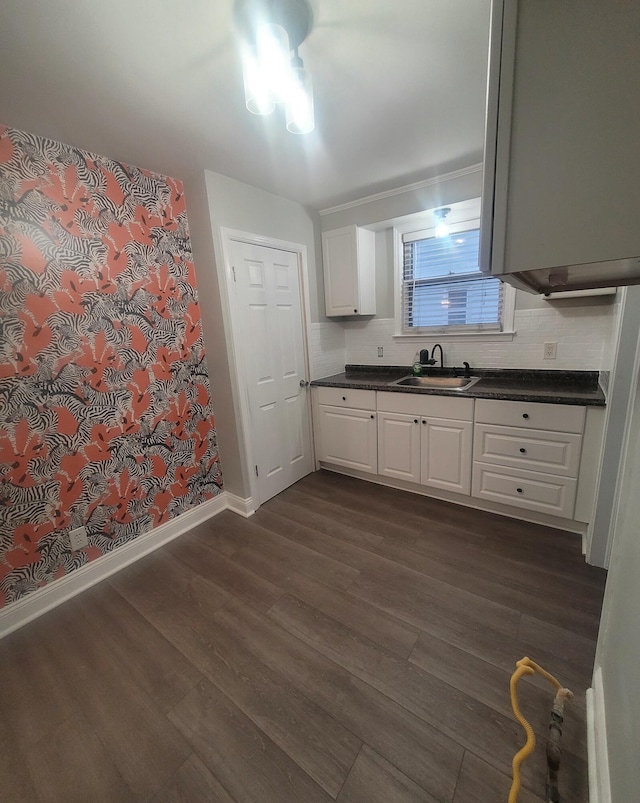 kitchen featuring white cabinetry, sink, and dark wood-type flooring