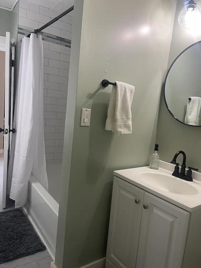 bathroom with vanity and shower / bathtub combination with curtain