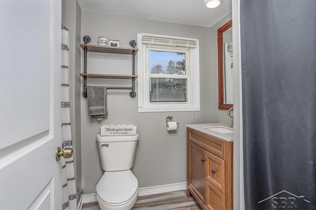 bathroom with hardwood / wood-style flooring, vanity, and toilet