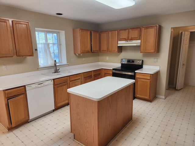 kitchen with sink, stainless steel range with electric stovetop, a center island, and dishwasher