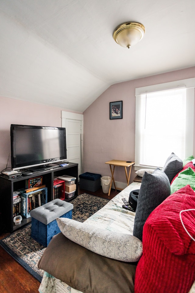 living room with lofted ceiling and wood finished floors