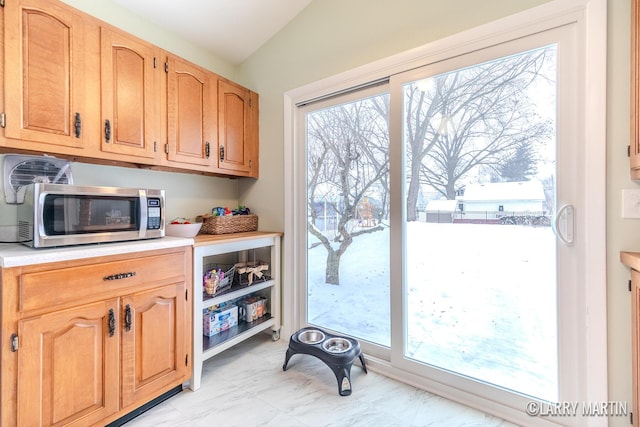 kitchen with lofted ceiling and a healthy amount of sunlight